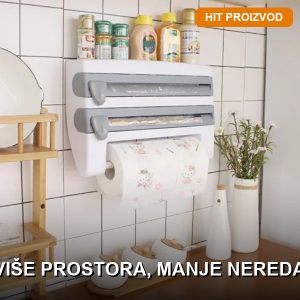 Zidni držač za ubruse i folije sa policom za začine montiran na kuhinjski zid