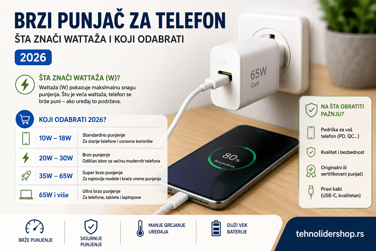 | Najbolja cena | TehnoliderShop Brzi punjač za telefon — šta znači wattaža i koji odabrati 2026