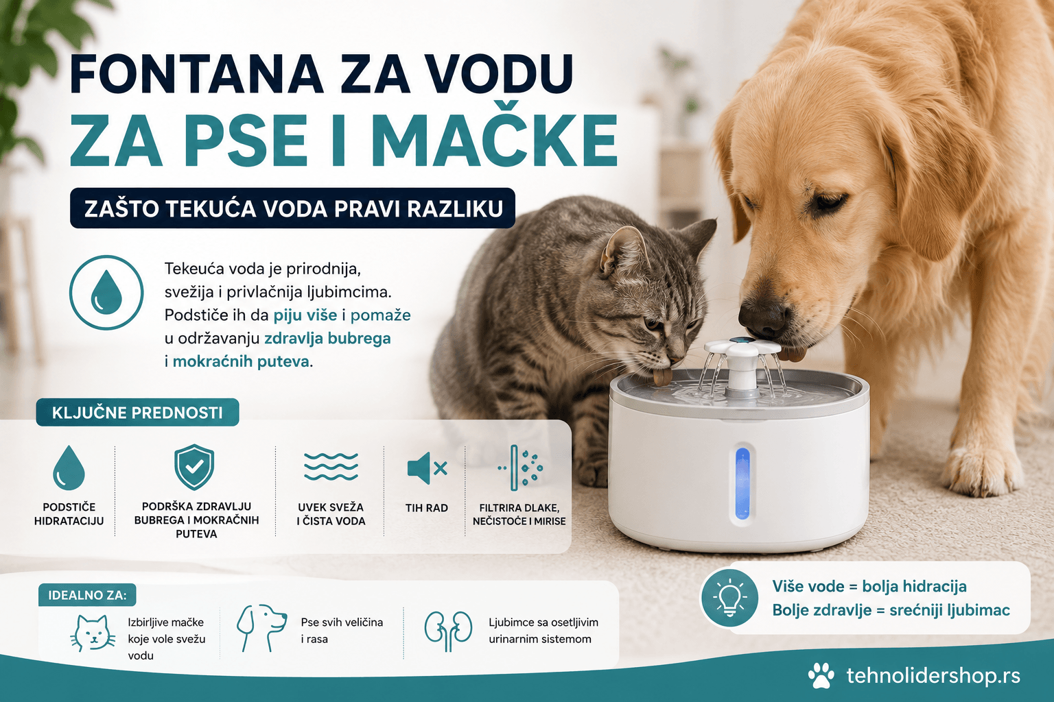 Fontana za vodu za pse i mačke — zašto tekuća voda pravi razliku