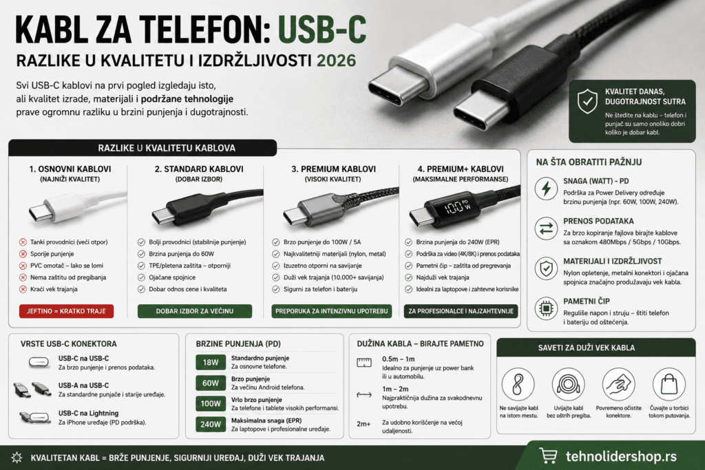 Kabl za telefon: USB-C razlike u kvalitetu i izdržljivosti 2026