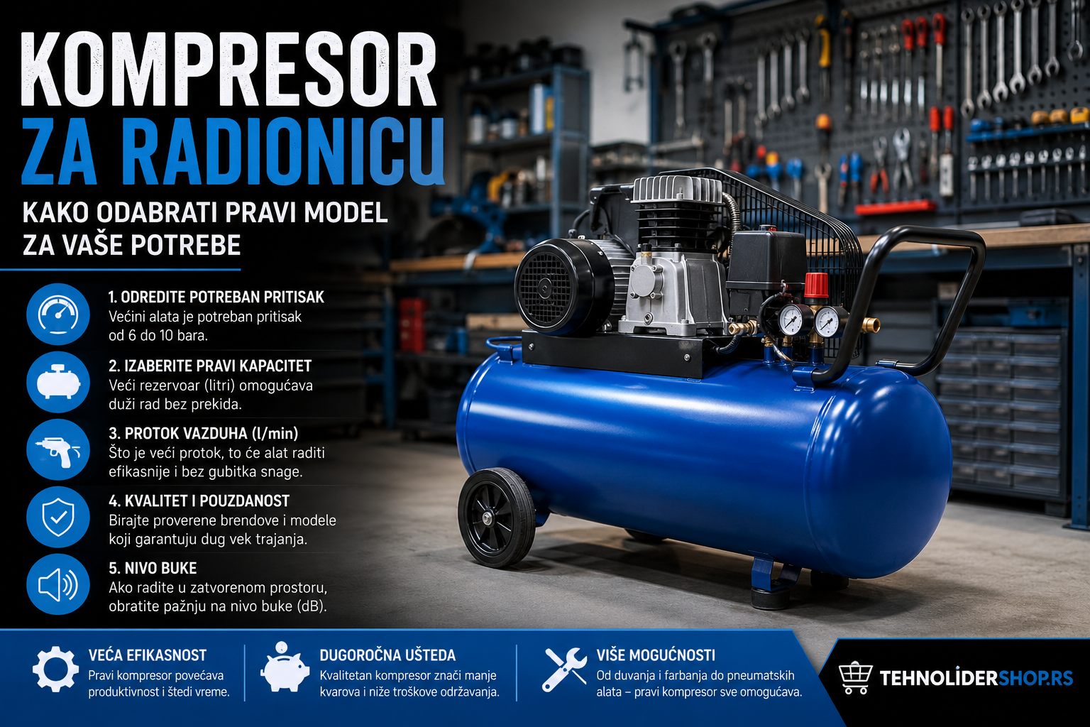 | Najbolja cena | TehnoliderShop Kompresor za radionicu — kako odabrati pravi model za vaše potrebe