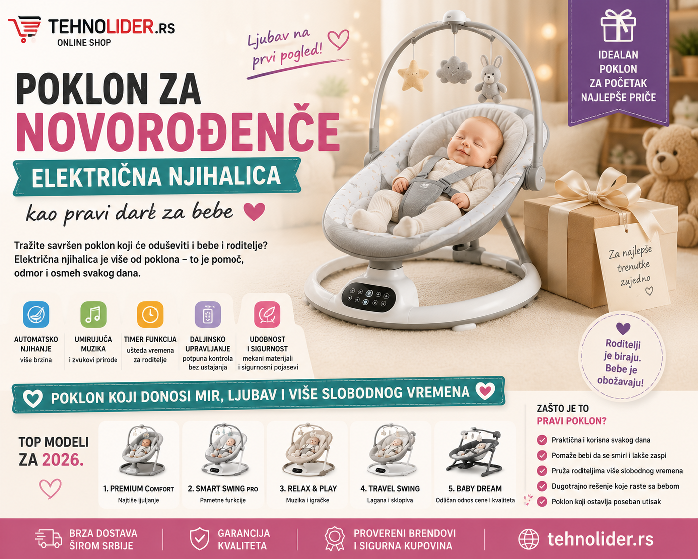| Najbolja cena | TehnoliderShop Poklon za novorođenče – električna njihalica kao pravi dar za bebe