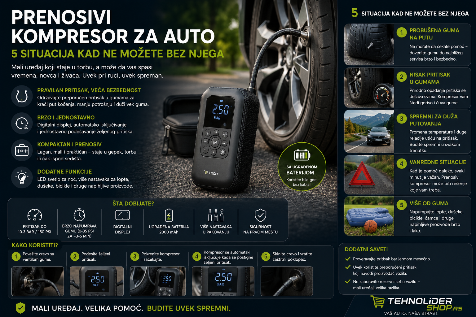 Prenosivi kompresor za auto — 5 situacija kad ne možete bez njega