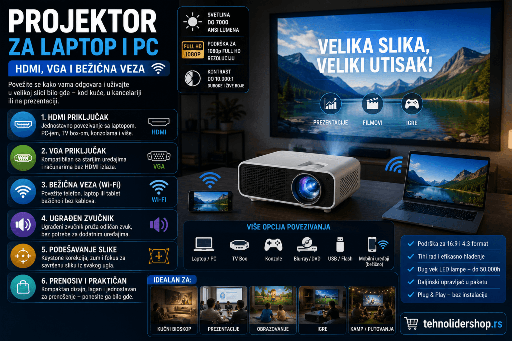 Projektor za laptop i PC — HDMI, VGA i bežična veza