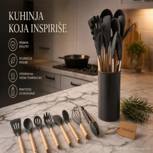 Kuhinjski Set Pribora 12 Delova – Silikon i Drvo