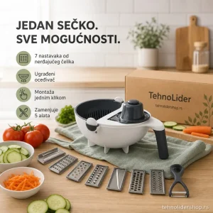 Multifunkcionalni Sečko 9u1 – Set sa 7 Nastavaka i Oceđivačem