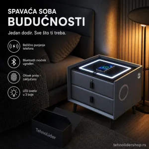 noćni stočić - Pametni Noćni Stočić sa Otključavanjem na Otisak Prsta, Bežičnim Punjenjem, Bluetooth Zvučnikom i LED Osvetljenjem – Dark Grey