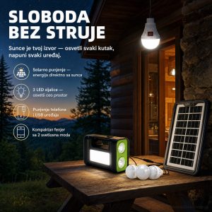 Solarni sistem sa akumulatorom i 3 sijalice i usb ulazima