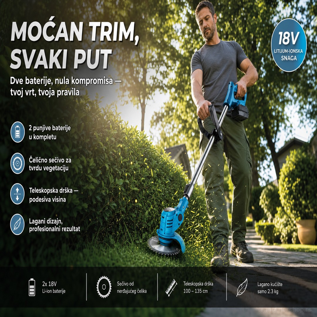Aku trimer za travu sa 2 baterije, plave boje sa crnim detaljima