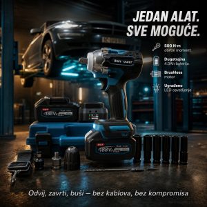 Aku Udarni Odvijač 3-u-1 – Za Točkove, Šrafove i Bušenje (188V / 500 N·m)