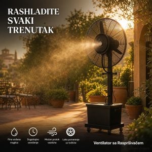 Ventilator sa Raspršivačem Vode – Profesionalno Rashlađivanje za Bašte, Kafiće i Terase