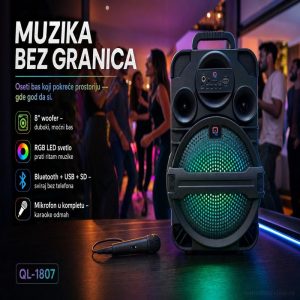 Prenosivi Bežični Zvučnik QL-1807 – 8" sa Mikrofonom i RGB Svetlom