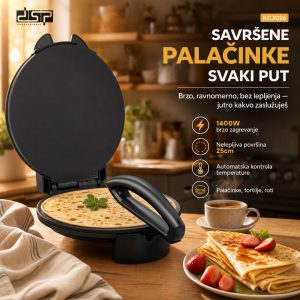 DSP Aparat za Palačinke, Tortilje | 1400W | Nelepljiva Površina 25×25 cm