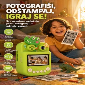 Fotoaparat za decu sa štampačem — Zeleni Krokodil sa instant štampom i 5 igrica