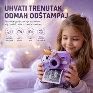 Fotoaparat za decu jednorog sa štampačem slika — ljubičasti