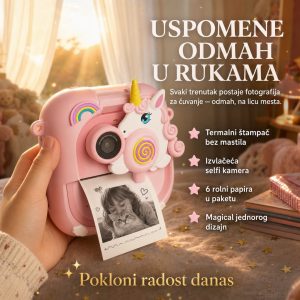 Dečiji fotoaparat jednorog sa štampačem i blicem — roze, termalni štampač, 6 rolni papira