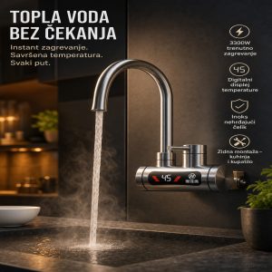Slavina sa grejačem za zidnu montažu od inoksa – 3300W, displej temperature
