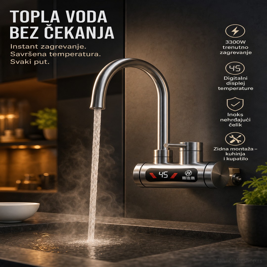 Slavina sa grejačem za zidnu montažu od inoksa – 3300W, displej temperature Slavina sa grejačem za zidnu montažu od inoksa – 3300W, displej temperature