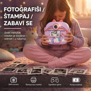Jednorog Uško – Dečiji Fotoaparat sa Termalnim Štampačem i Selfi Kamerom