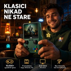 Retro džepna konzola X6 sa 10.000+ igrica i 11 emulatora — 3.5 inča ekran