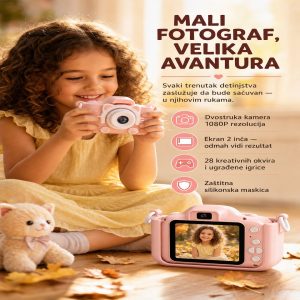 Fotoaparat za Decu Roze sa Ušima — Dvostruka Kamera, Ekran 2 inča, Igrice