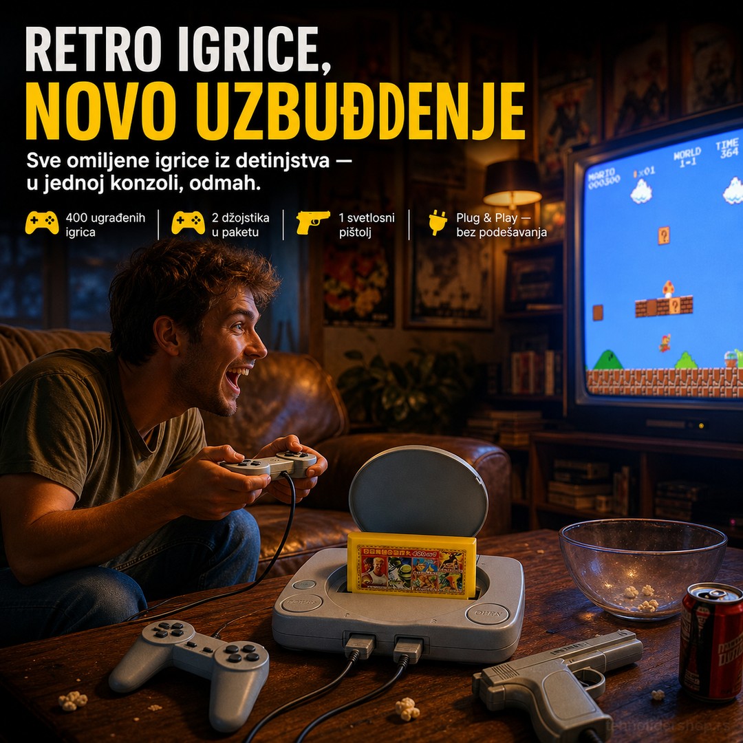Retro konzola sa pištoljem i UGRAĐENIM igricama retro konzole sa igricama - u upotrebi