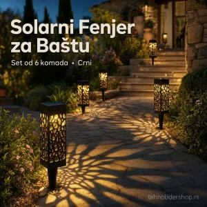 solarni fenjer za baštu - noćni prikaz u bašti