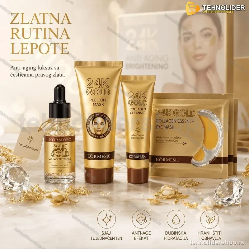 24K Zlatni Set za Negu Lica – Serum, Čistač, Peel-Off Maska i Maska za Oči 24K Zlatni Set za Negu Lica – Serum, Čistač, Peel-Off Maska i Maska za Oči