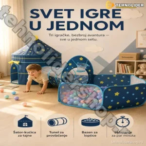 3-u-1 Šator za decu sa tunelom i bazenom za loptice