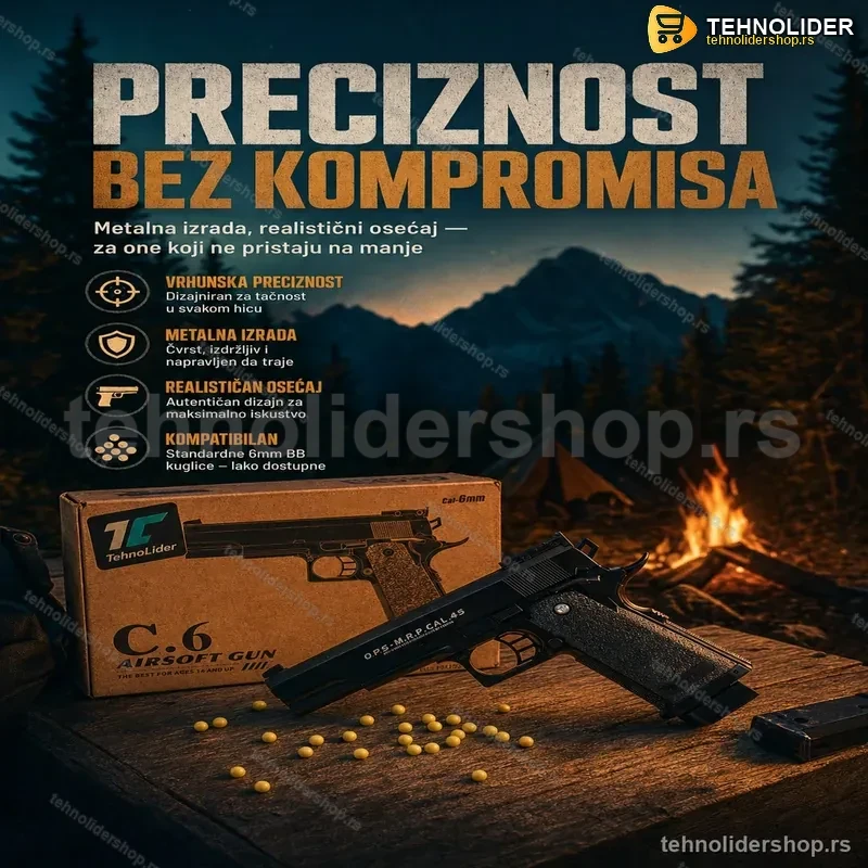 Airsoft Metalni Pištolj C6 na Metkiće – Realistični Model za Starije od 14+ Airsoft Metalni Pištolj C6 na Metkiće – Realistični Model za Starije od 14+