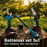 Aku baštenski set 3u1 – Lančana testera + Makaze + Teleskopska drška (2 baterije)