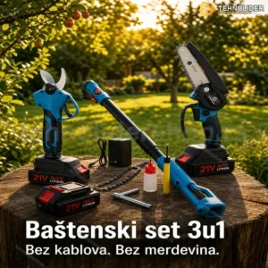 Aku baštenski set 3u1 – Lančana testera + Makaze + Teleskopska drška (2 baterije)