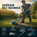 Profesionalni aku trimer za travu sa točkićima i 2 baterije – 3 vrste sečiva
