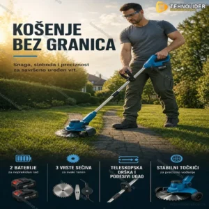 Profesionalni aku trimer za travu sa točkićima i 2 baterije – 3 vrste sečiva
