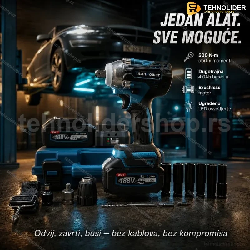 Aku Udarni Odvijač 3-u-1 – Za Točkove, Šrafove i Bušenje (188V / 500 N·m) Aku Udarni Odvijač 3-u-1 – Za Točkove, Šrafove i Bušenje (188V / 500 N·m)