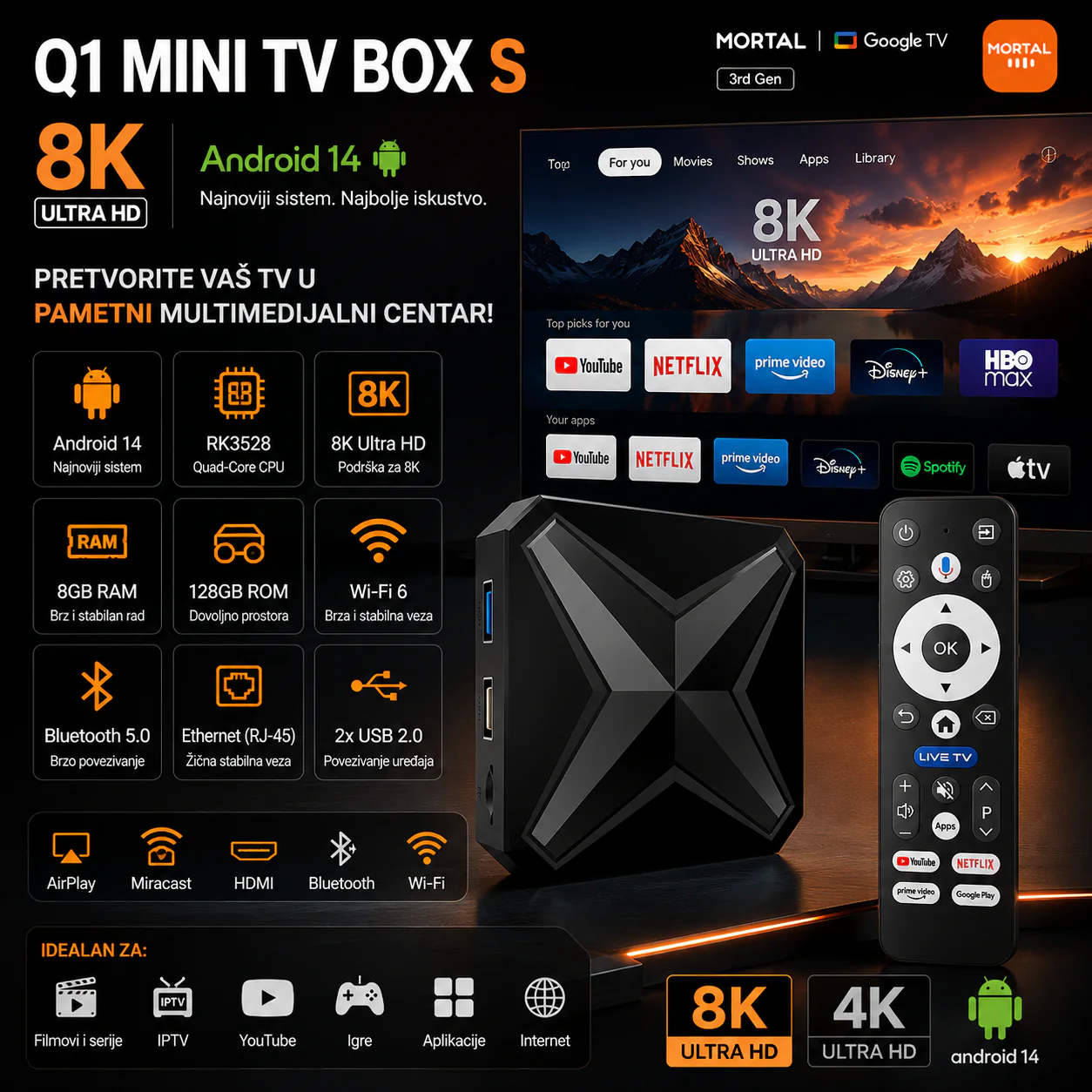 Android 14 TV Box Q1 Mini S — 8K Ultra HD Smart Box TV Box Android - prednja strana