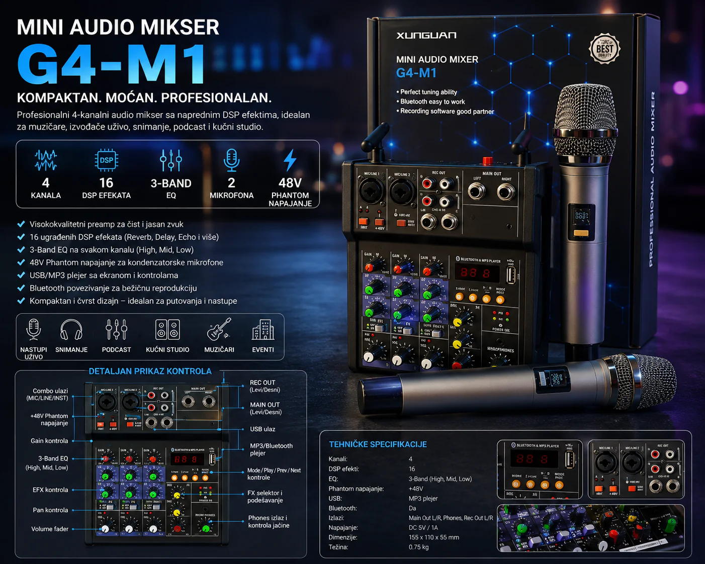 Audio mikser G4-M1 sa 4 kanala i 16 DSP efekata audio mikser - u upotrebi
