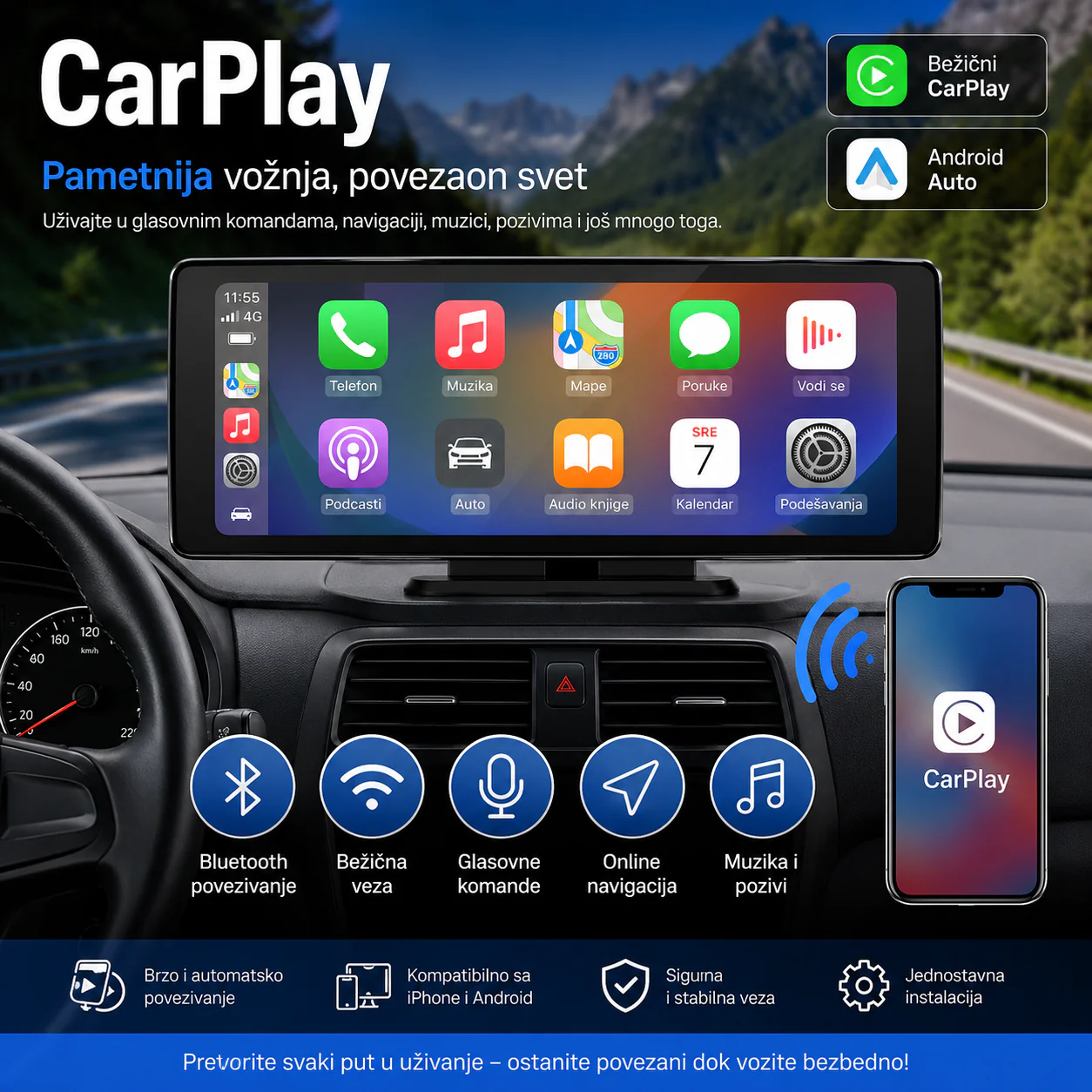 Bežični auto ekran Android Auto 10.26 inča bežični Android Auto - prednja strana