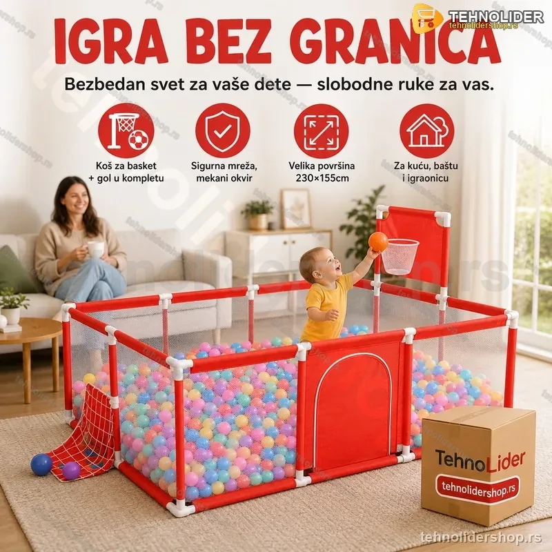 Dečija sigurnosna ogradica za igru – sa košem za basket i golom 230*155*122cm Dečija sigurnosna ogradica za igru – sa košem za basket i golom 230*155*122cm