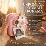 Dečiji fotoaparat jednorog sa štampačem i blicem — roze, termalni štampač, 6 rolni papira