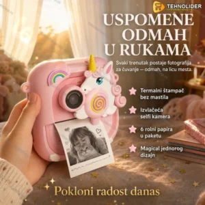 Dečiji fotoaparat jednorog sa štampačem i blicem — roze, termalni štampač, 6 rolni papira