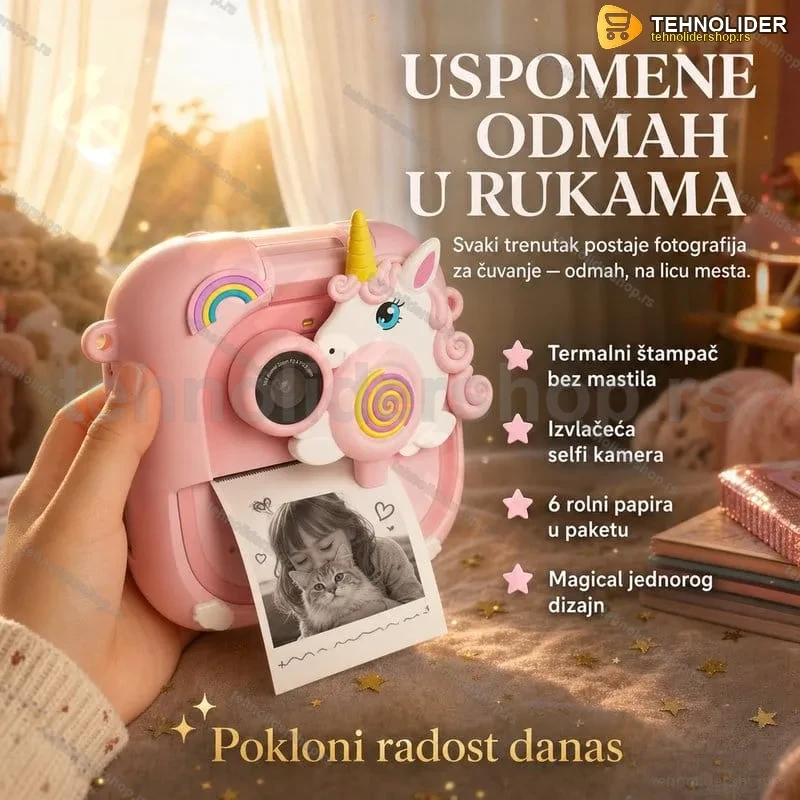 Dečiji fotoaparat jednorog sa štampačem i blicem — roze, termalni štampač, 6 rolni papira Dečiji fotoaparat jednorog sa štampačem i blicem — roze, termalni štampač, 6 rolni papira