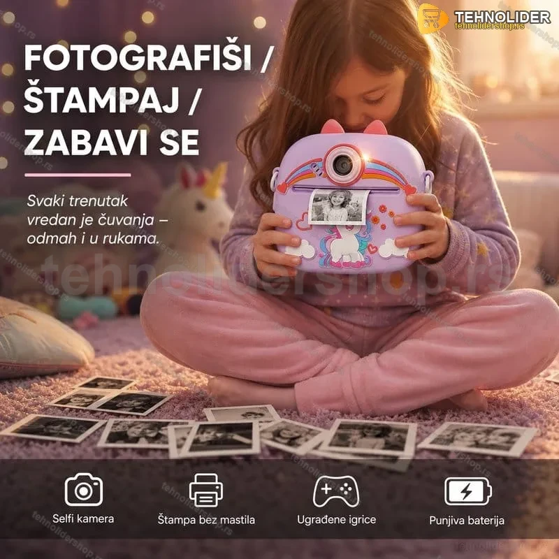 Jednorog Uško – Dečiji Fotoaparat sa Termalnim Štampačem i Selfi Kamerom Jednorog Uško – Dečiji Fotoaparat sa Termalnim Štampačem i Selfi Kamerom