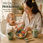 Dečiji silikonski pribor za jelo — set sa tanjirima, kašičicama i podlogom