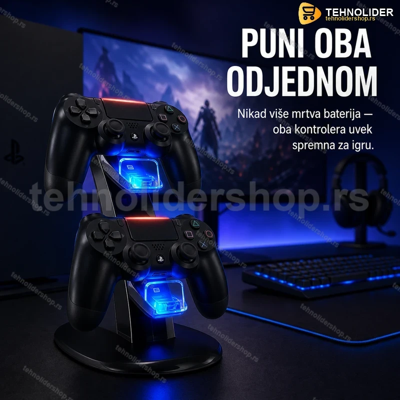 dualni-punjac-za-ps4-dzojstik-led-drzac-tehnolidershop Dualni punjač za PS4 džojstik sa LED indikatorima i držačem za kontrolere