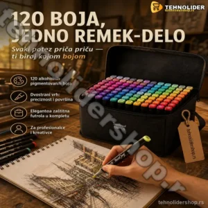 Komplet Dvostranih Flomastera 120 Boja – Alkoholni, Pigmentovani, sa Futrolom