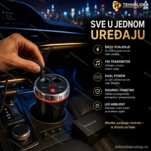 Multifunkcionalni FM Transmiter za Auto – Bluetooth, 4x USB Punjač, LCD Displej