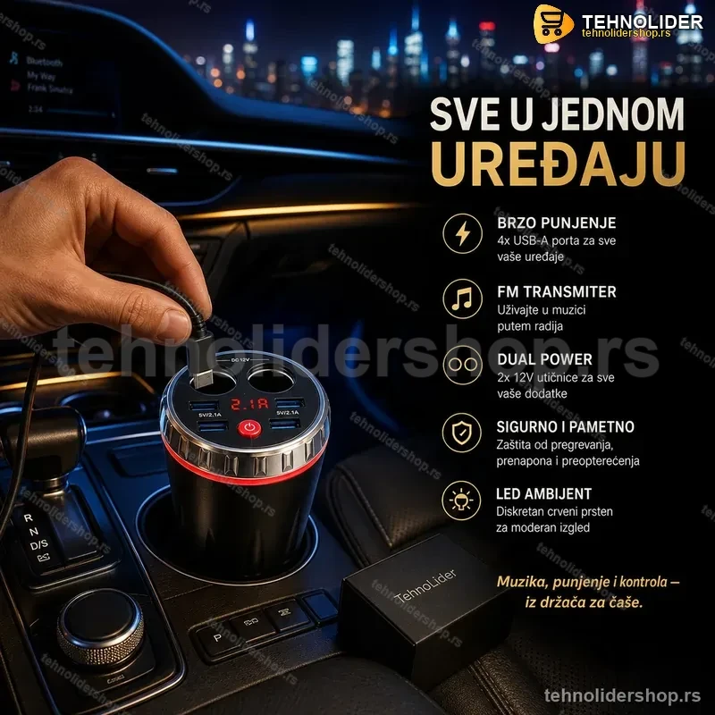 Multifunkcionalni FM Transmiter za Auto – Bluetooth, 4x USB Punjač, LCD Displej Multifunkcionalni FM Transmiter za Auto – Bluetooth, 4x USB Punjač, LCD Displej