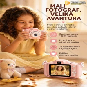 Fotoaparat za Decu Roze sa Ušima — Dvostruka Kamera, Ekran 2 inča, Igrice