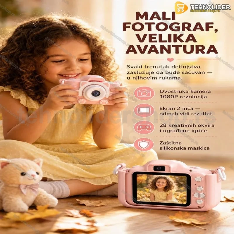 Fotoaparat za Decu Roze sa Ušima — Dvostruka Kamera, Ekran 2 inča, Igrice Fotoaparat za Decu Roze sa Ušima — Dvostruka Kamera, Ekran 2 inča, Igrice